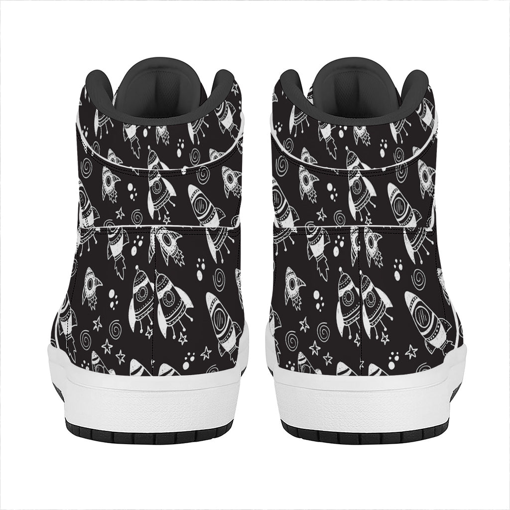 Black And White Rocket Pattern Print High Top Leather Sneakers