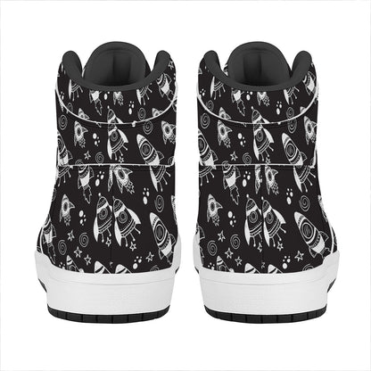 Black And White Rocket Pattern Print High Top Leather Sneakers