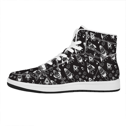 Black And White Rocket Pattern Print High Top Leather Sneakers