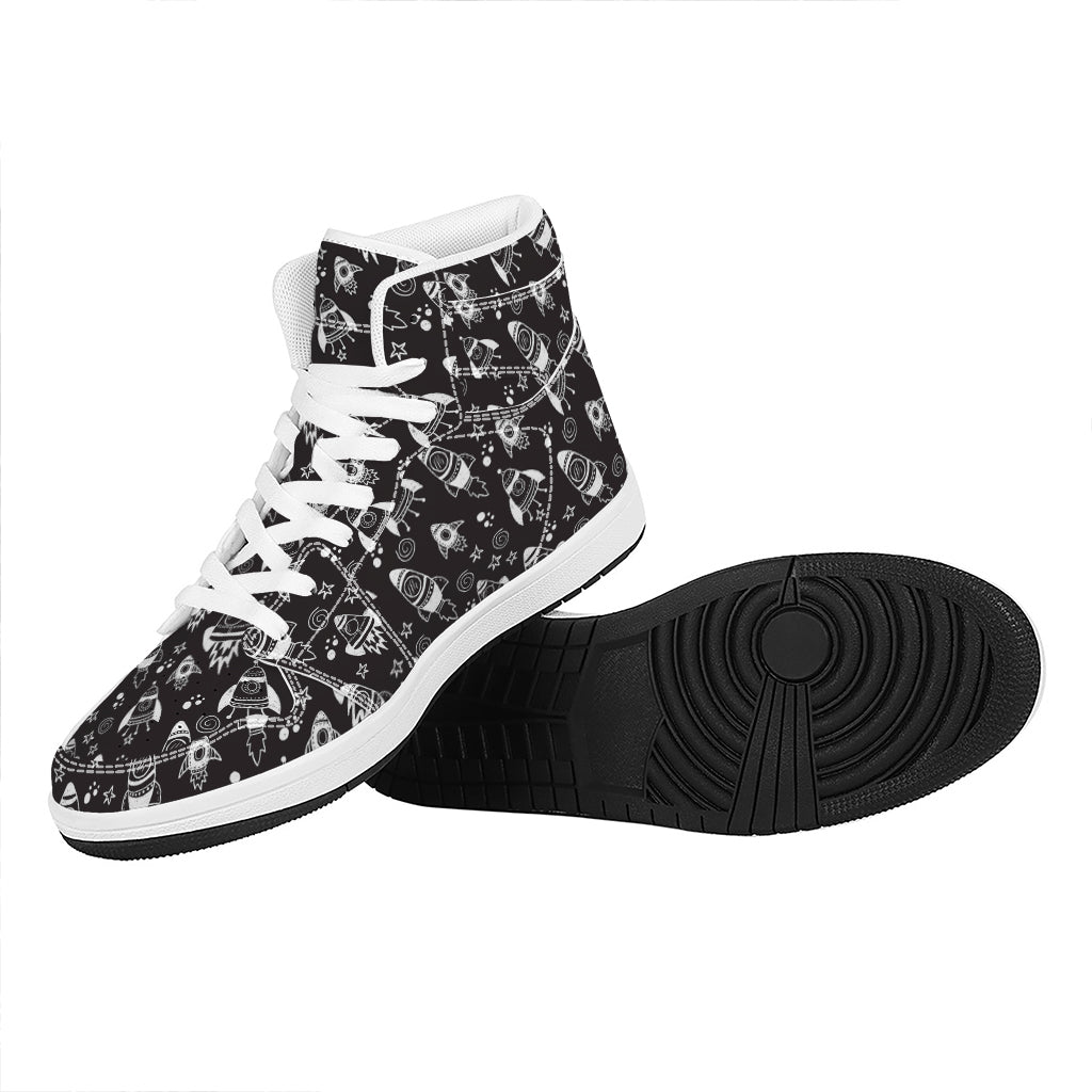 Black And White Rocket Pattern Print High Top Leather Sneakers