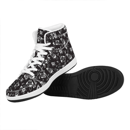 Black And White Rocket Pattern Print High Top Leather Sneakers