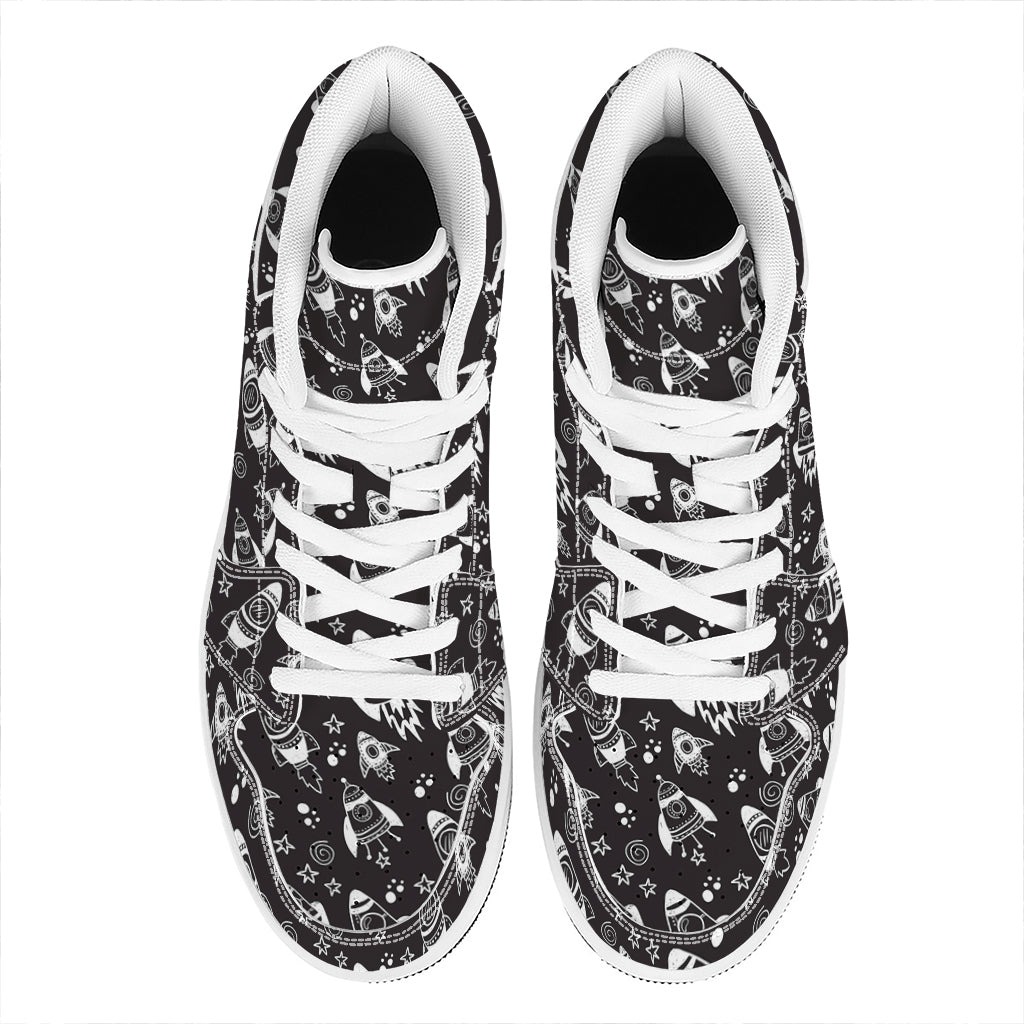 Black And White Rocket Pattern Print High Top Leather Sneakers