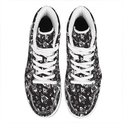 Black And White Rocket Pattern Print High Top Leather Sneakers