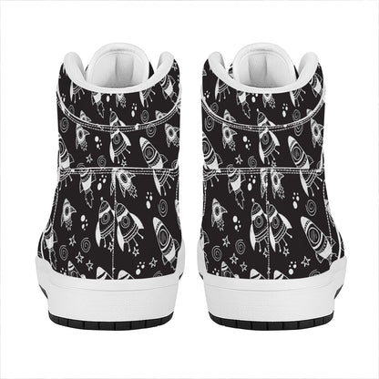 Black And White Rocket Pattern Print High Top Leather Sneakers
