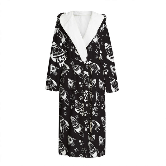 Black And White Rocket Pattern Print Hooded Bathrobe