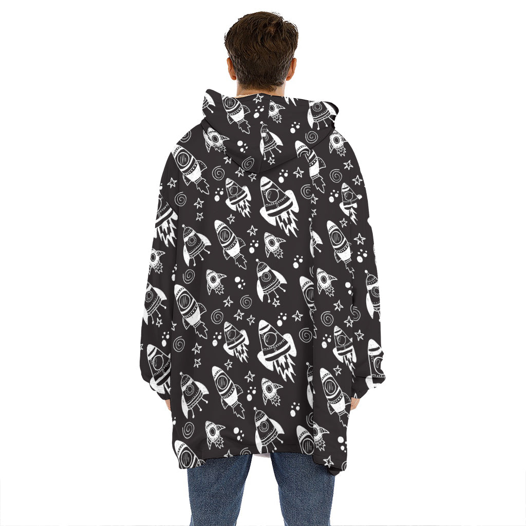 Black And White Rocket Pattern Print Hoodie Blanket