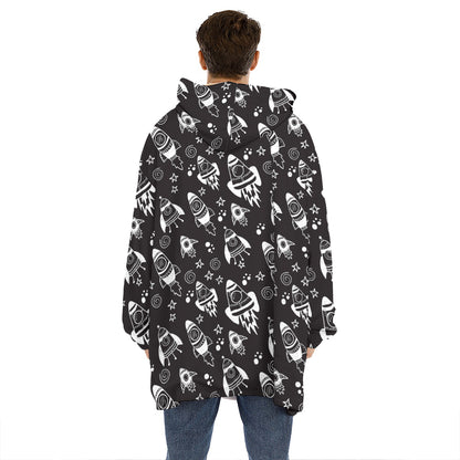 Black And White Rocket Pattern Print Hoodie Blanket
