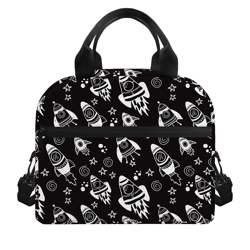Black And White Rocket Pattern Print Insulated Lunch Bag
