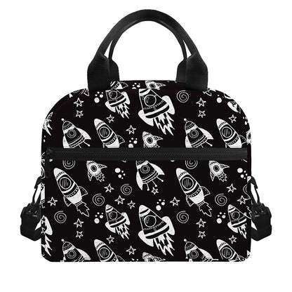 Black And White Rocket Pattern Print Insulated Lunch Bag