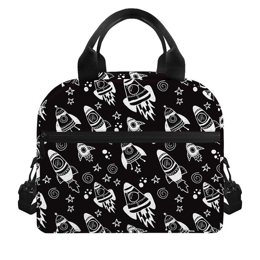Black And White Rocket Pattern Print Insulated Lunch Bag