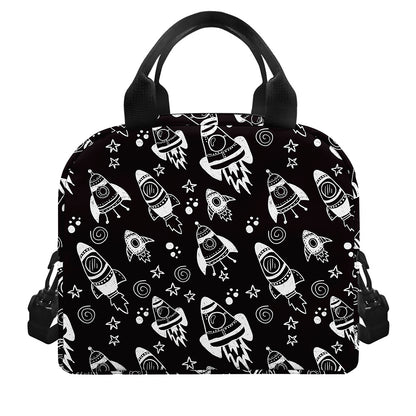 Black And White Rocket Pattern Print Insulated Lunch Bag