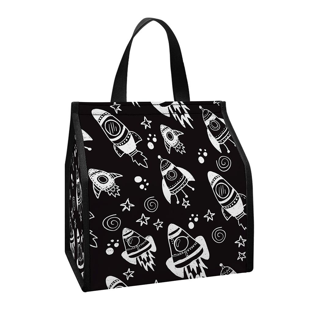 Black And White Rocket Pattern Print Insulated Lunch Tote