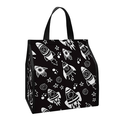 Black And White Rocket Pattern Print Insulated Lunch Tote