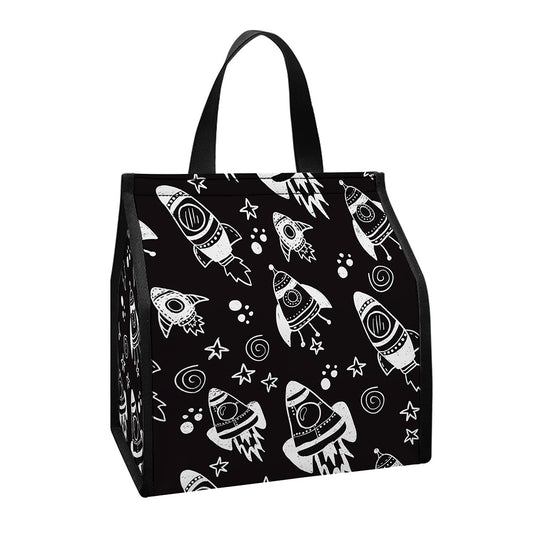 Black And White Rocket Pattern Print Insulated Lunch Tote