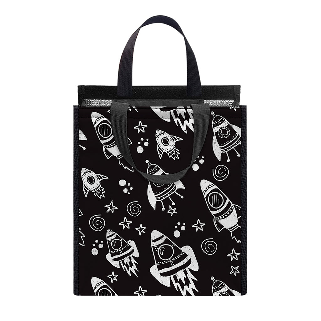 Black And White Rocket Pattern Print Insulated Lunch Tote
