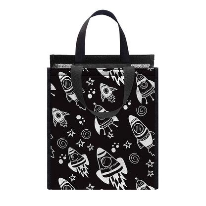 Black And White Rocket Pattern Print Insulated Lunch Tote