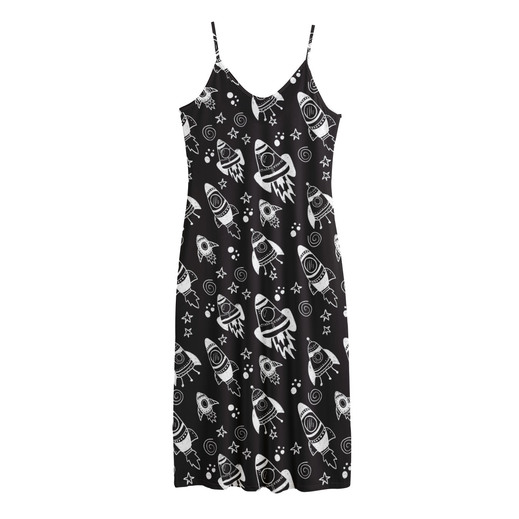 Black And White Rocket Pattern Print Jersey Midi Cami Dress