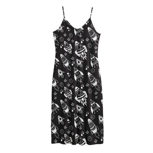 Black And White Rocket Pattern Print Jersey Midi Cami Dress