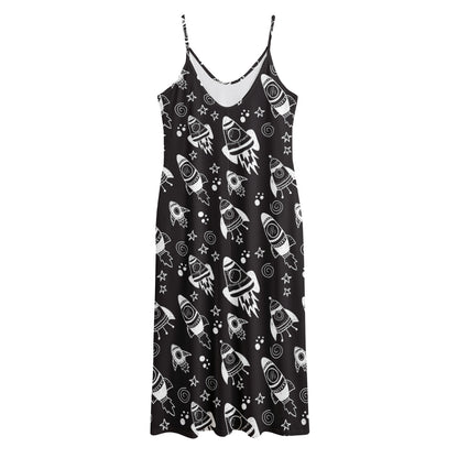 Black And White Rocket Pattern Print Jersey Midi Cami Dress