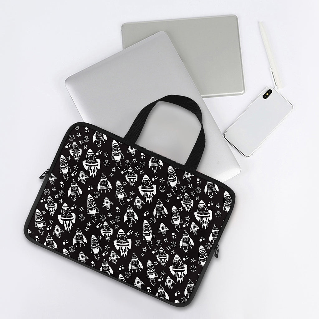 Black And White Rocket Pattern Print Laptop Sleeve With Handle