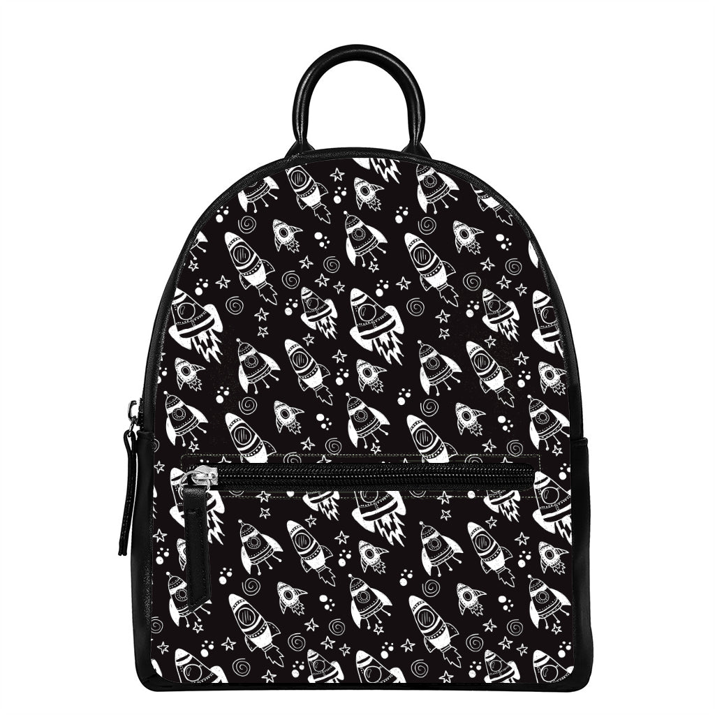 Black And White Rocket Pattern Print Leather Backpack