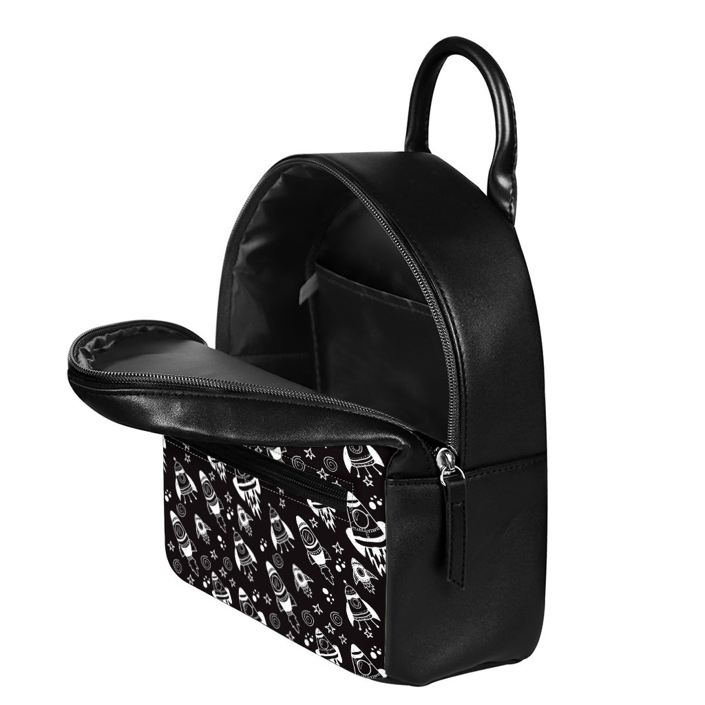 Black And White Rocket Pattern Print Leather Backpack