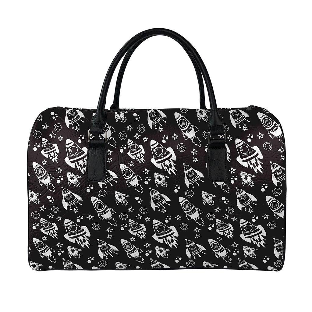Black And White Rocket Pattern Print Leather Duffle Bag