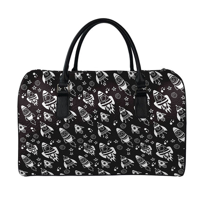 Black And White Rocket Pattern Print Leather Duffle Bag