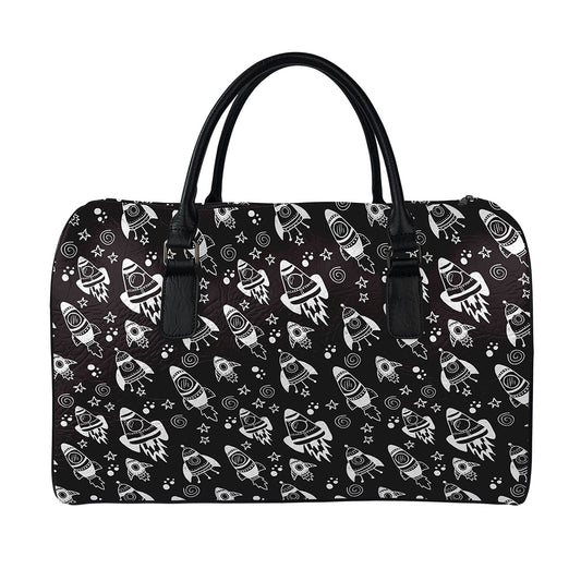 Black And White Rocket Pattern Print Leather Duffle Bag