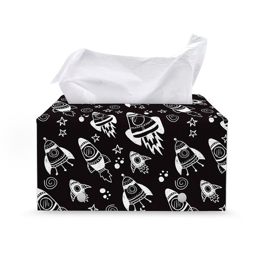Black And White Rocket Pattern Print Leather Tissue Box Cover