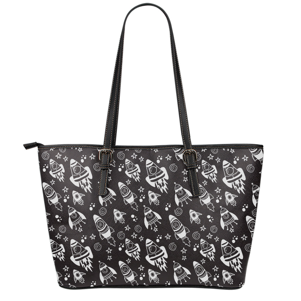Black And White Rocket Pattern Print Leather Tote Bag