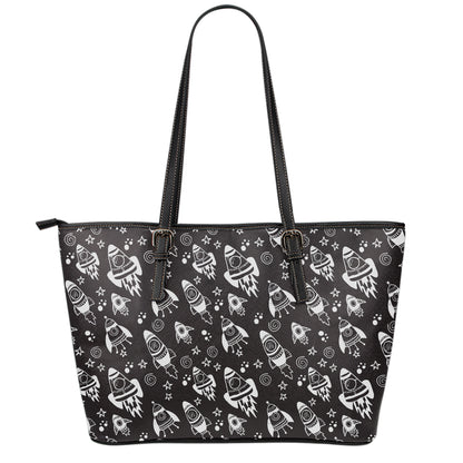 Black And White Rocket Pattern Print Leather Tote Bag