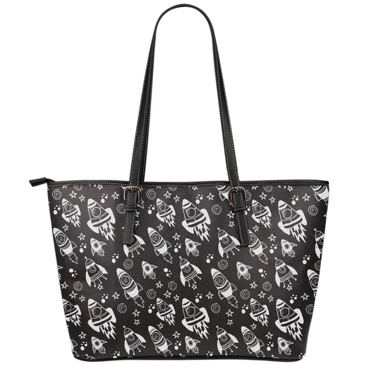 Black And White Rocket Pattern Print Leather Tote Bag