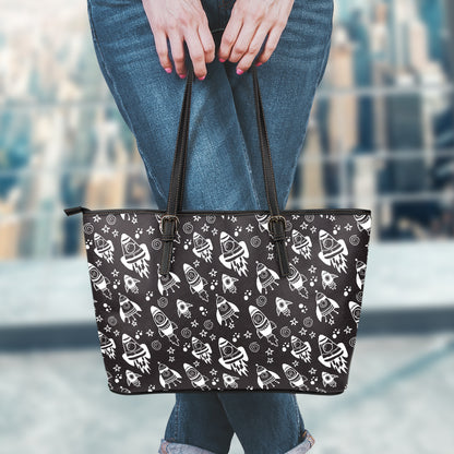 Black And White Rocket Pattern Print Leather Tote Bag