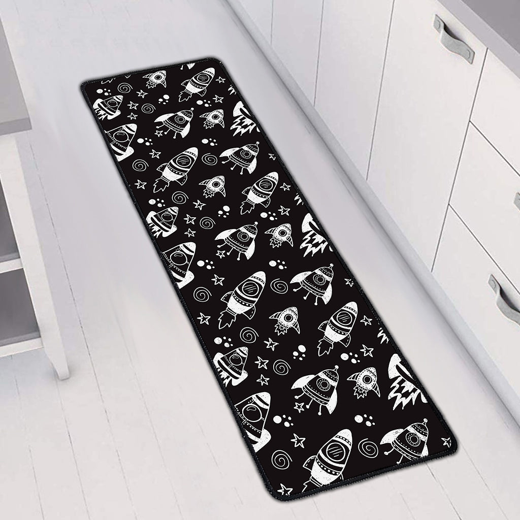 Black And White Rocket Pattern Print Long Kitchen Mat