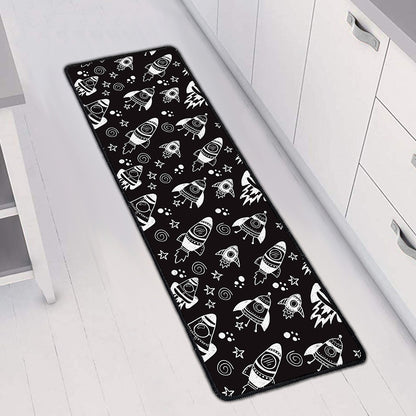 Black And White Rocket Pattern Print Long Kitchen Mat
