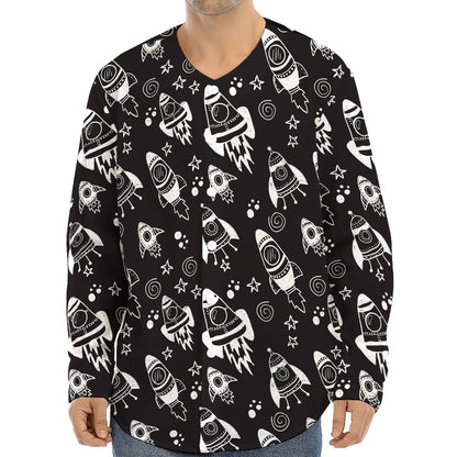 Black And White Rocket Pattern Print Long Sleeve Baseball Jersey