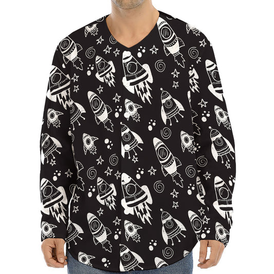 Black And White Rocket Pattern Print Long Sleeve Baseball Jersey