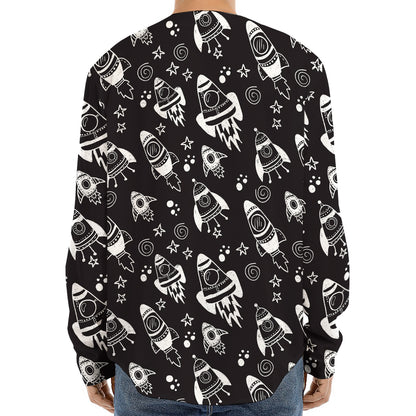 Black And White Rocket Pattern Print Long Sleeve Baseball Jersey
