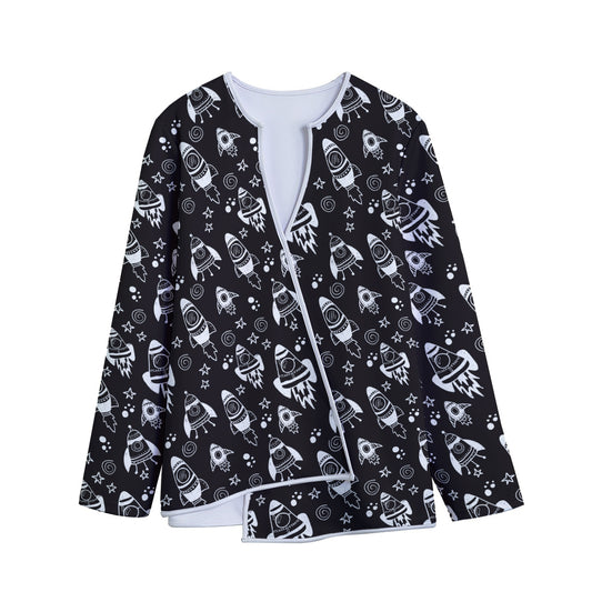 Black And White Rocket Pattern Print Long Sleeve Short Coat