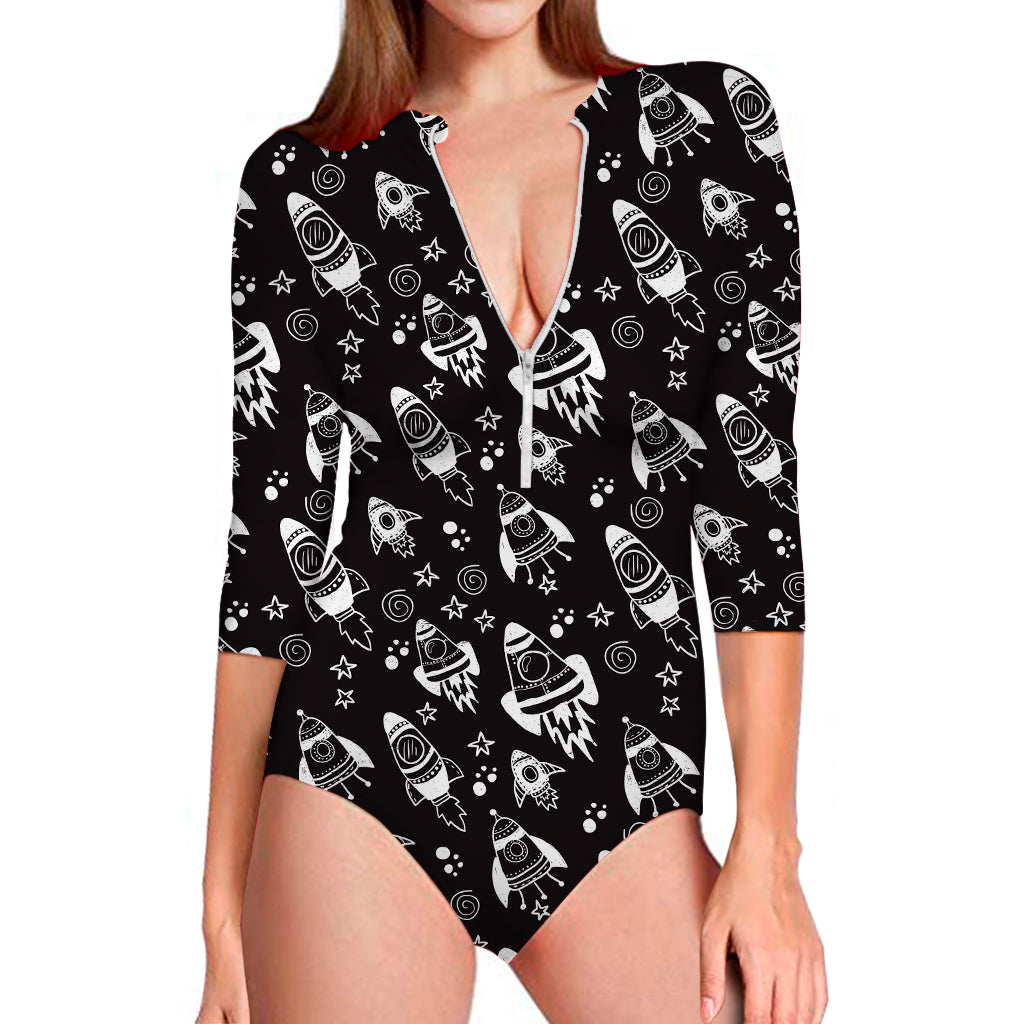 Black And White Rocket Pattern Print Long Sleeve Swimsuit