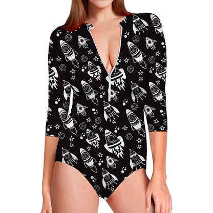 Black And White Rocket Pattern Print Long Sleeve Swimsuit
