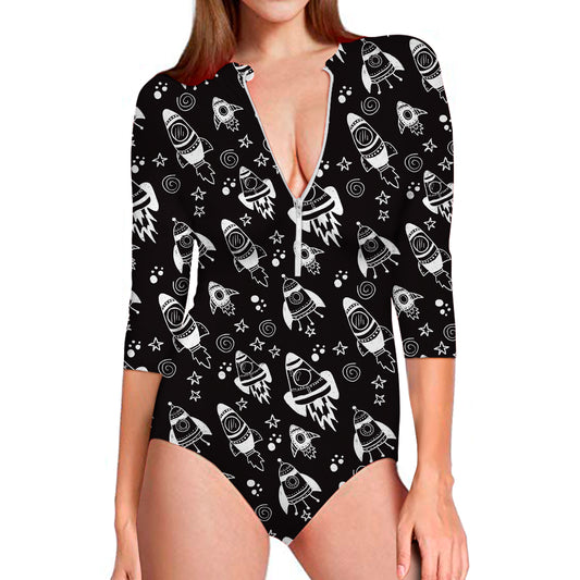 Black And White Rocket Pattern Print Long Sleeve Swimsuit