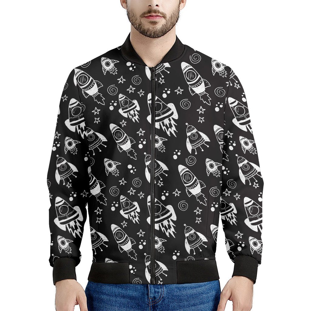 Black And White Rocket Pattern Print Men's Bomber Jacket