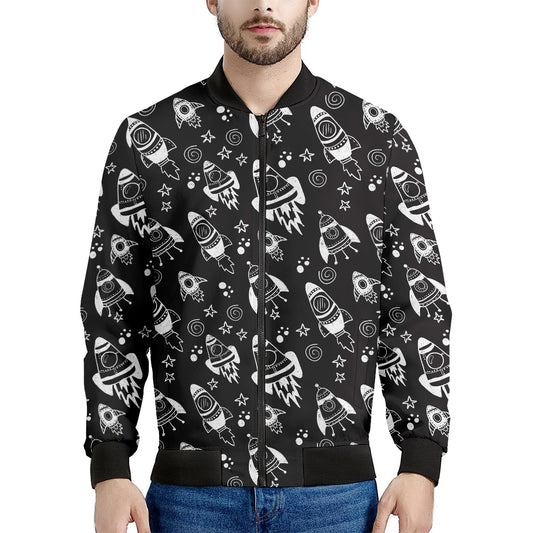 Black And White Rocket Pattern Print Men's Bomber Jacket