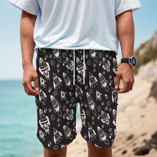 Black And White Rocket Pattern Print Men's Cargo Shorts