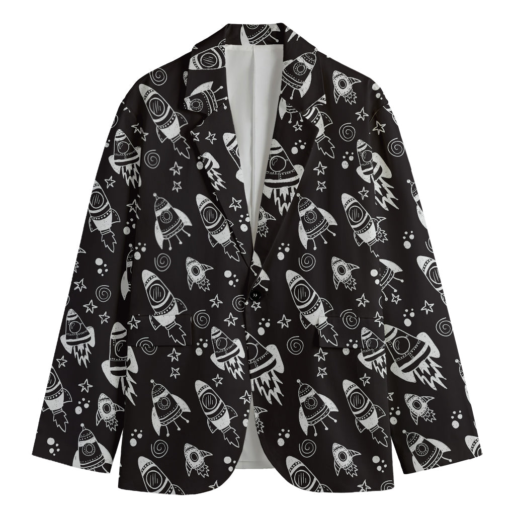 Black And White Rocket Pattern Print Men's Cotton Blazer