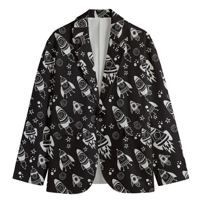 Black And White Rocket Pattern Print Men's Cotton Blazer