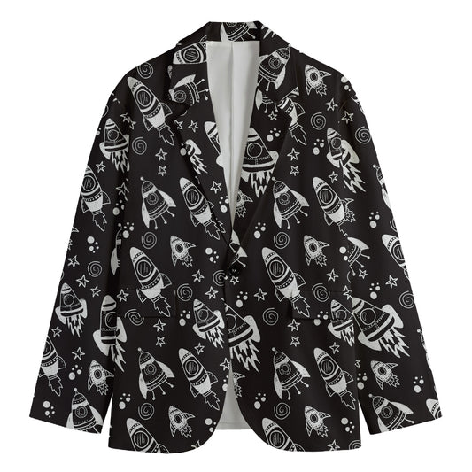 Black And White Rocket Pattern Print Men's Cotton Blazer