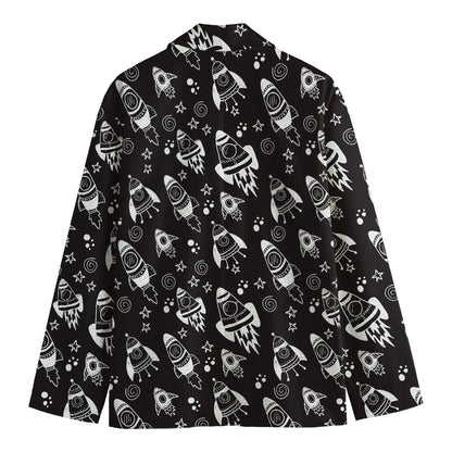 Black And White Rocket Pattern Print Men's Cotton Blazer